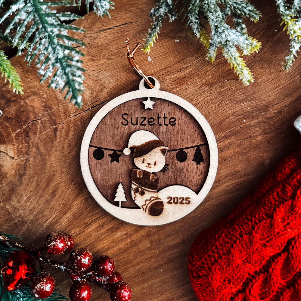Boule de Noël Chat Personnalisée en Bois