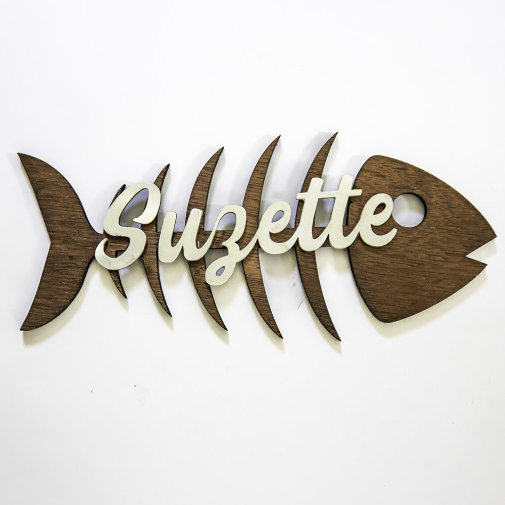 Décoration murale arête de poisson en bois – Prénom de votre chat personnalisé