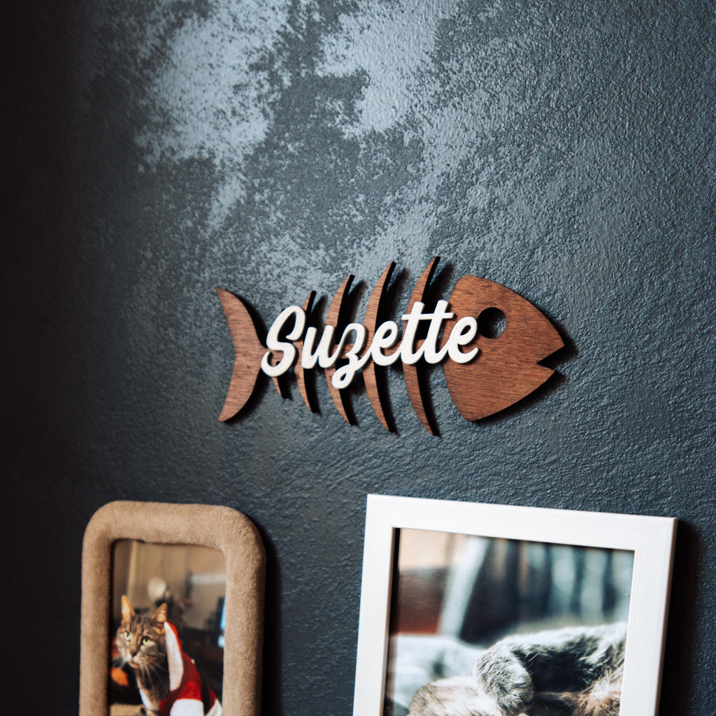 Décoration murale arête de poisson en bois – Prénom de votre chat personnalisé