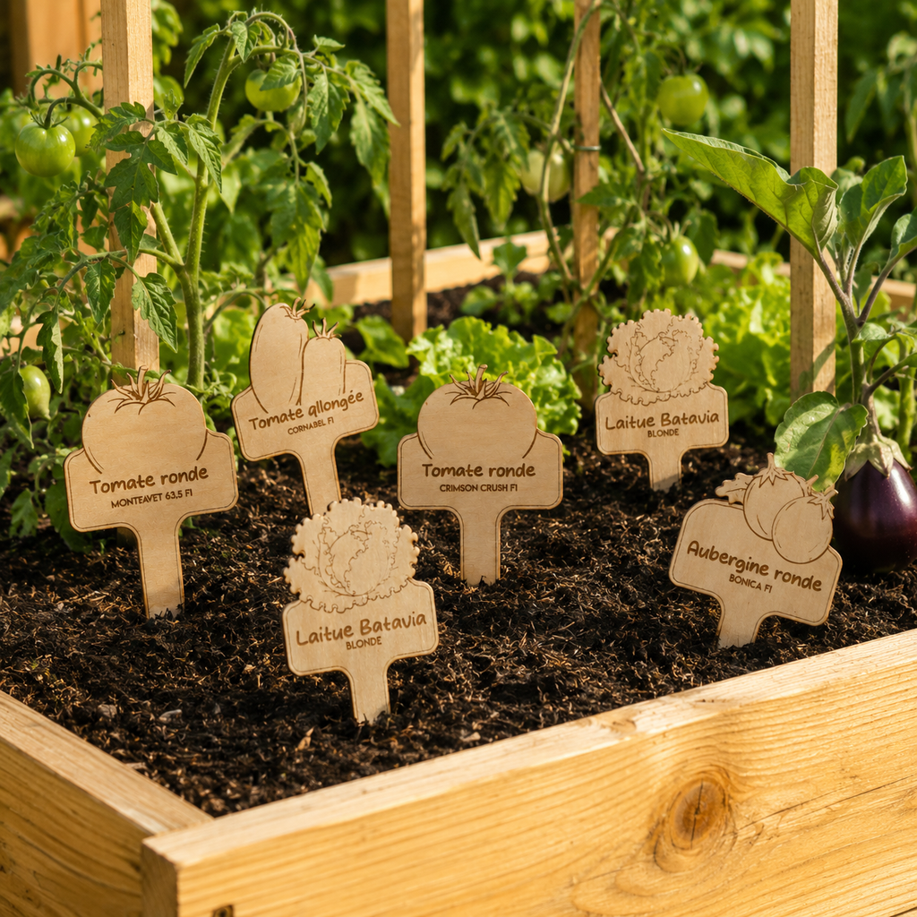 Étiquettes potager personnalisées en bois – Pics de jardin gravés
